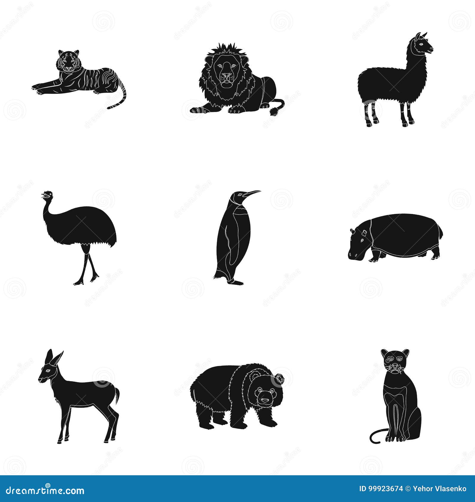ostrich emu, crocodile, giraffe, tiger, penguin and other wild animals. artiodactyla, mammalian predators and animals