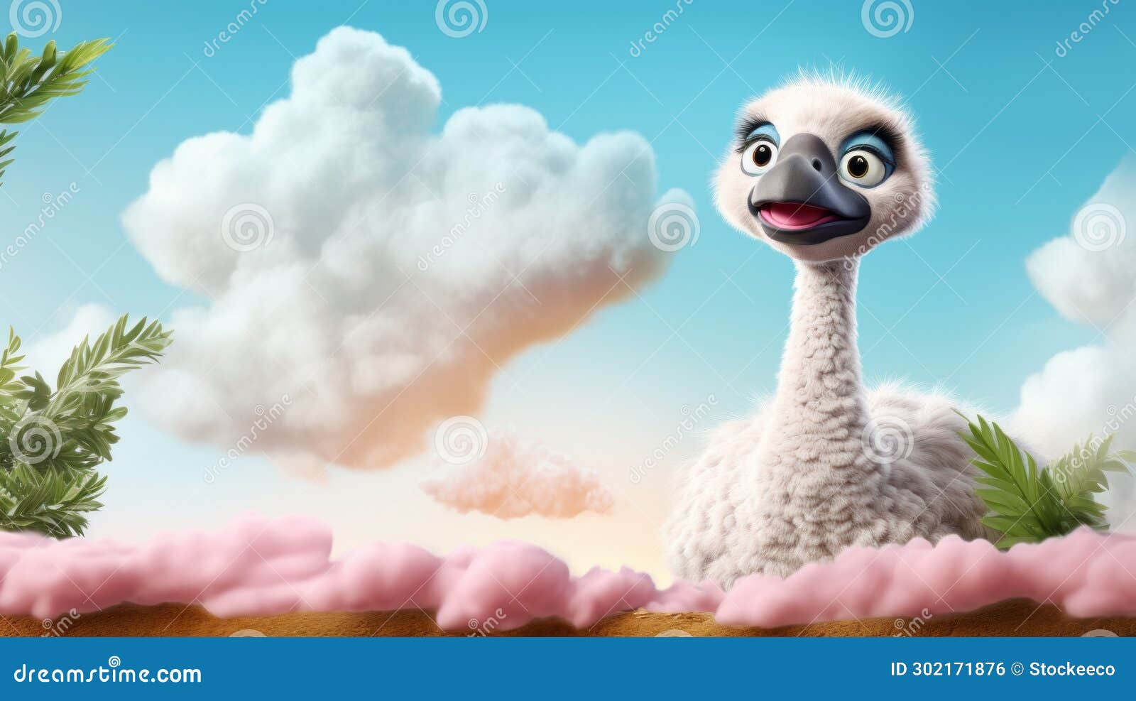 charming ostrich flying in the clouds - cartoon character 