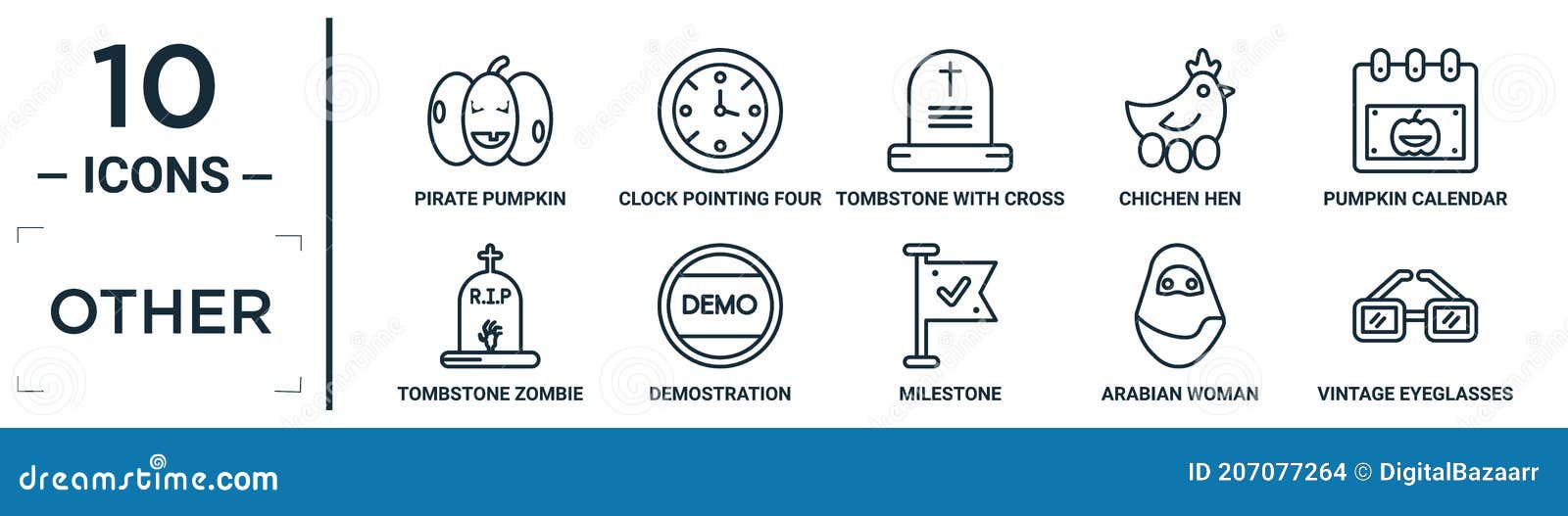 other linear icon set. includes thin line pirate pumpkin, tombstone with cross, pumpkin calendar, demostration, arabian woman,