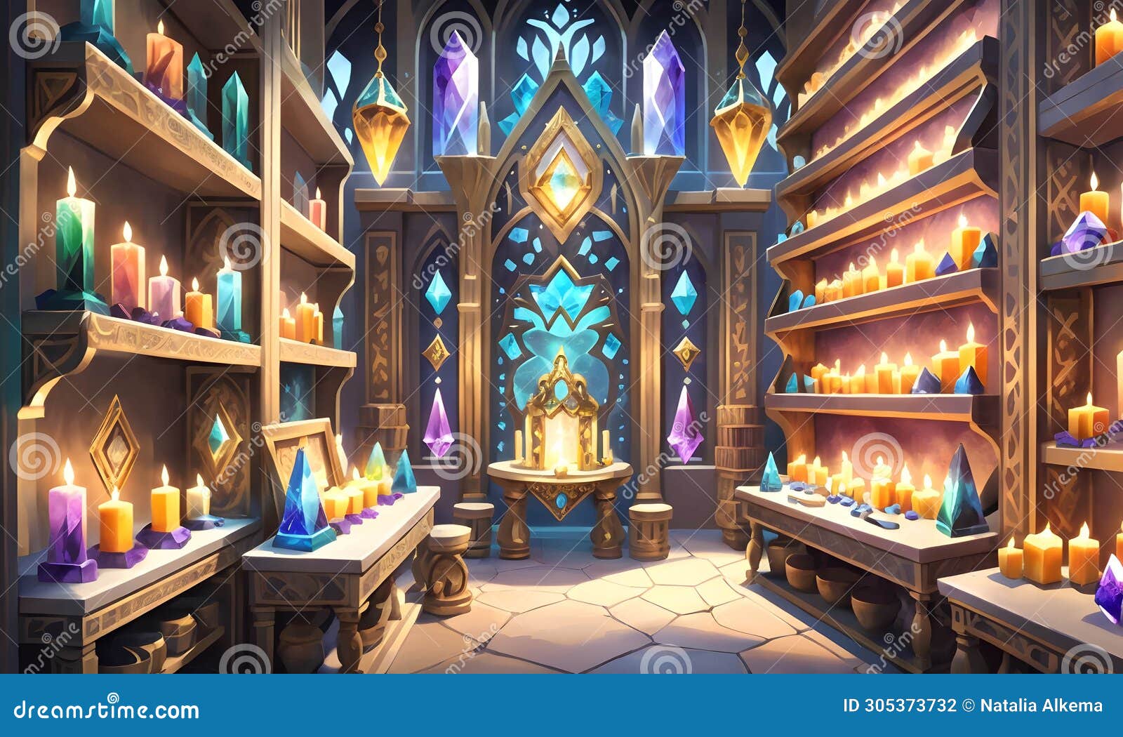 otherworldly mineral trove in a spellbound library. amulets concept. fairy tale background. extra wide banner. ai