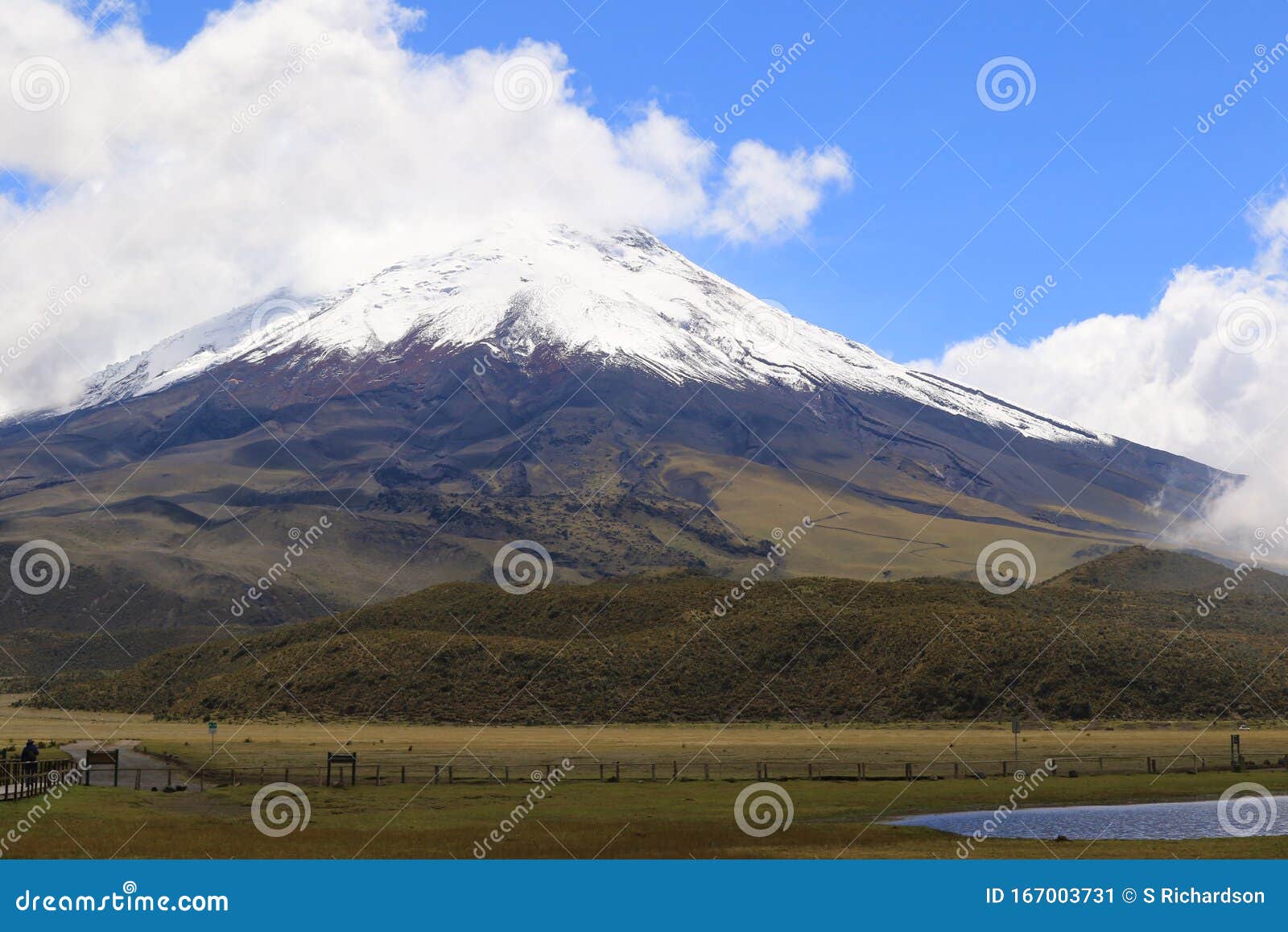 Cotopaxi Snow Covered Peak and Lake Stock Image - Image of city ...