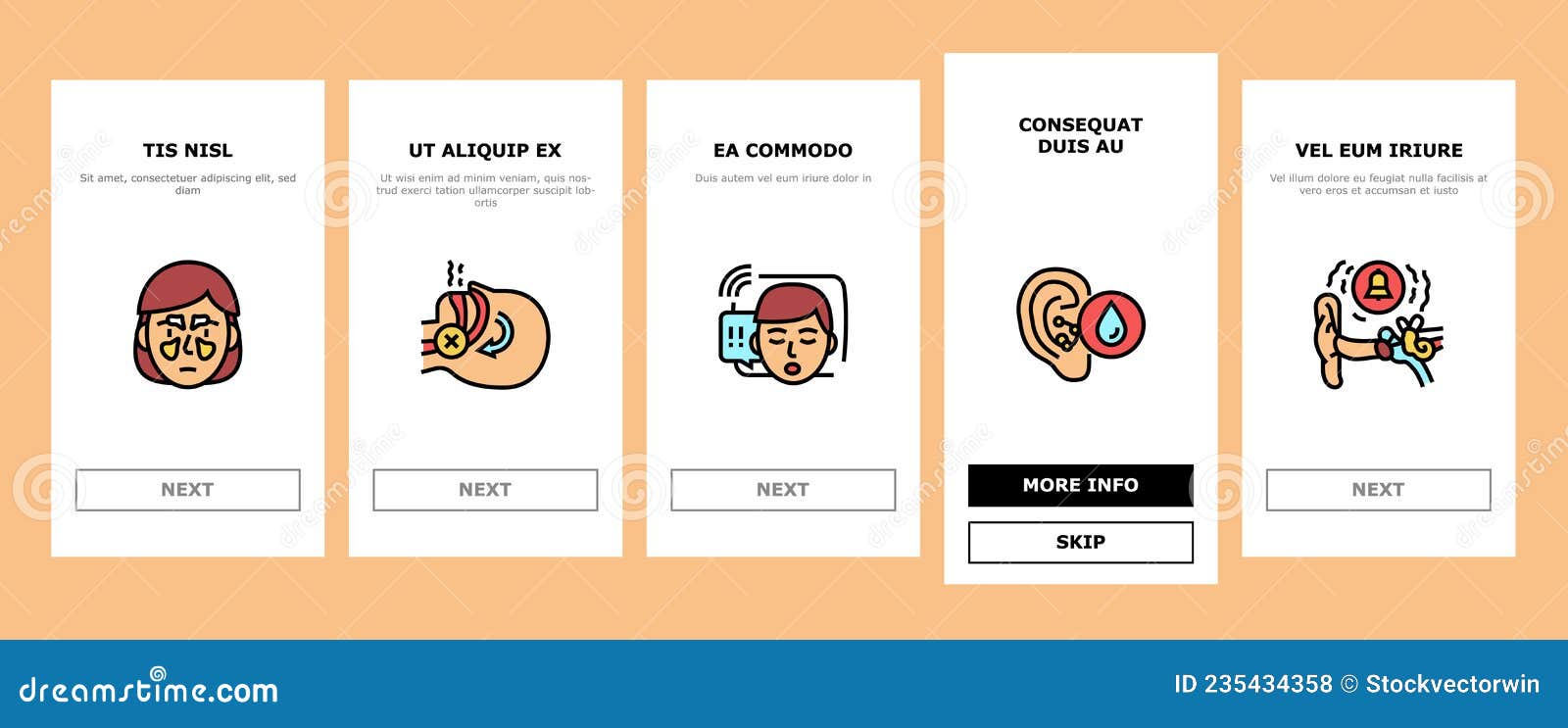 otorhinolaryngology treatment onboarding icons set 