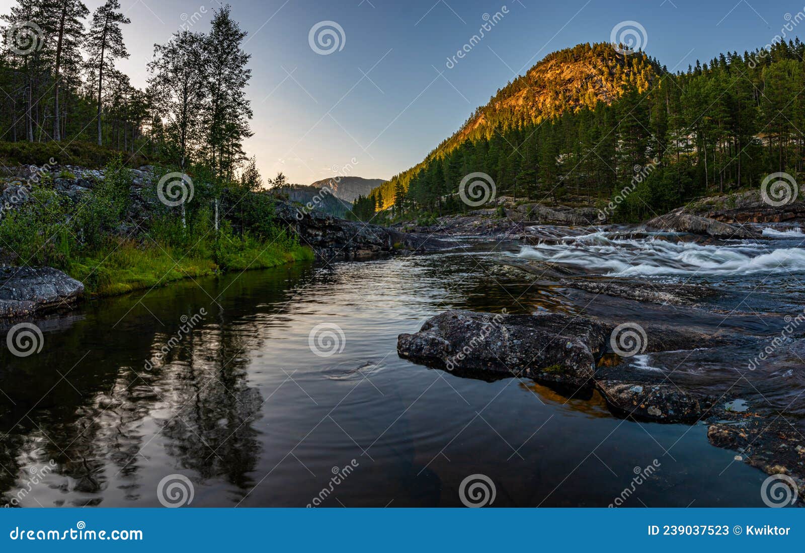 otra river at sunset, scandinavian landscape, norway bjornara agder