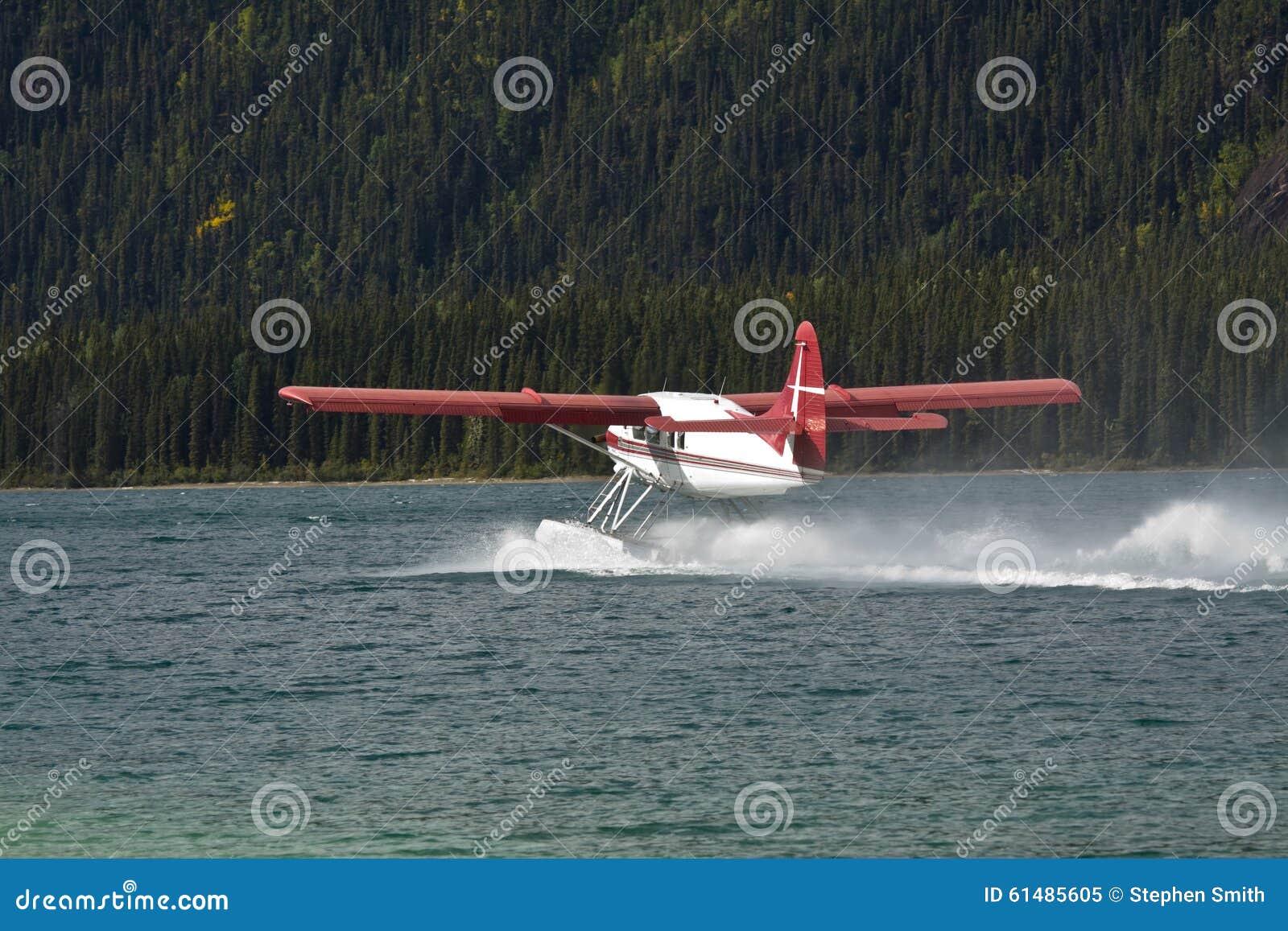 otter float plane taxiing at muncho lake, northern british columbia