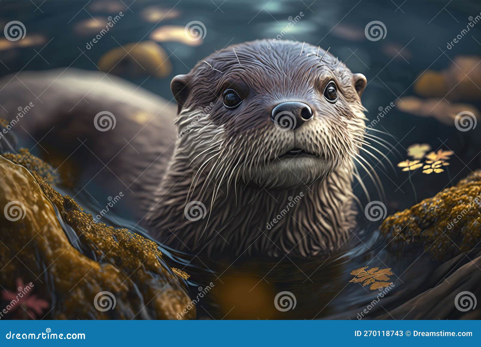 Giant Otter Shrew Potamogale Velox Lying On A Rock Near A Pond Cartoon