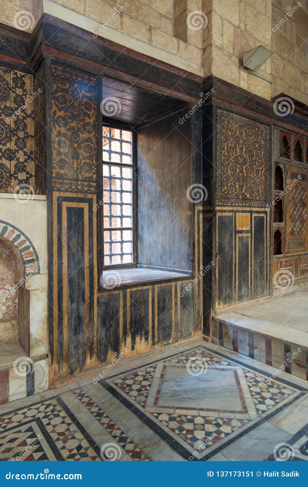 ottoman historic house of moustafa gaafar, darb al asfar district, cairo, egypt with decorated wooden wall and marble floor