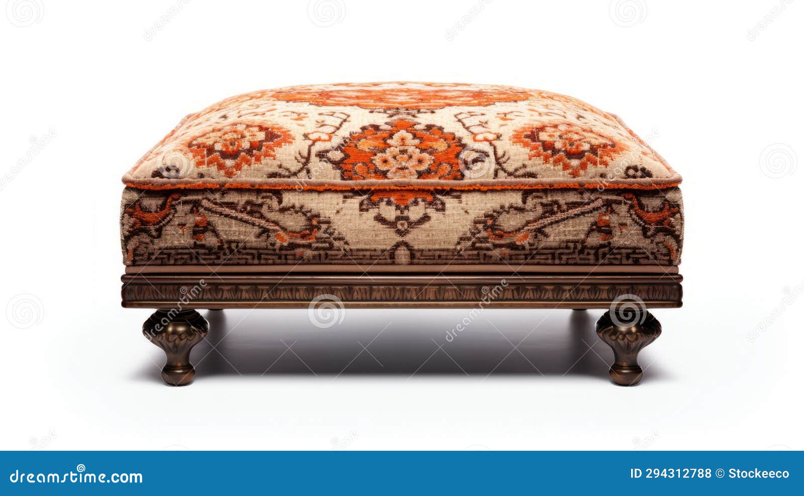 golden patterned ottoman with dark orange and light bronze cushions