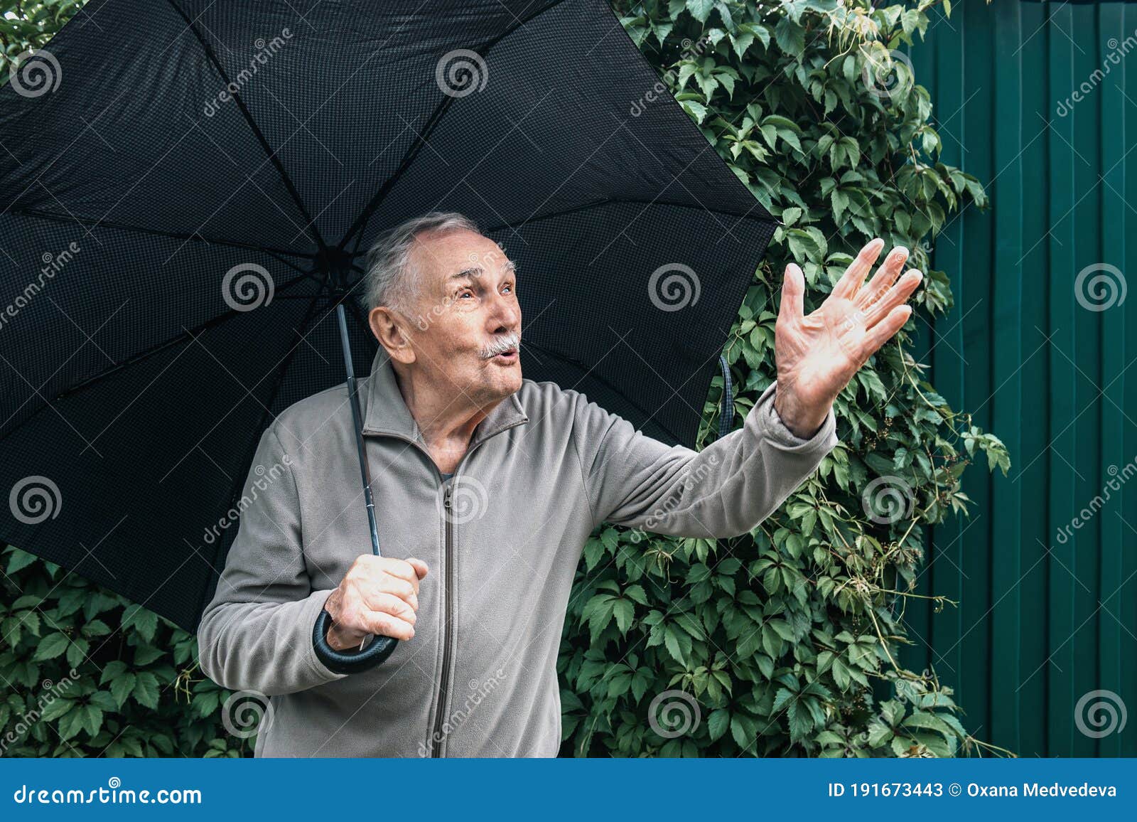 Oudere Man Met Een Paraplu Een Stormachtige Hemel. Oude Man Met Een Snor Uit De Regen Onder Een Paraplu Afbeelding - Image of slecht, bladeren: 191673443