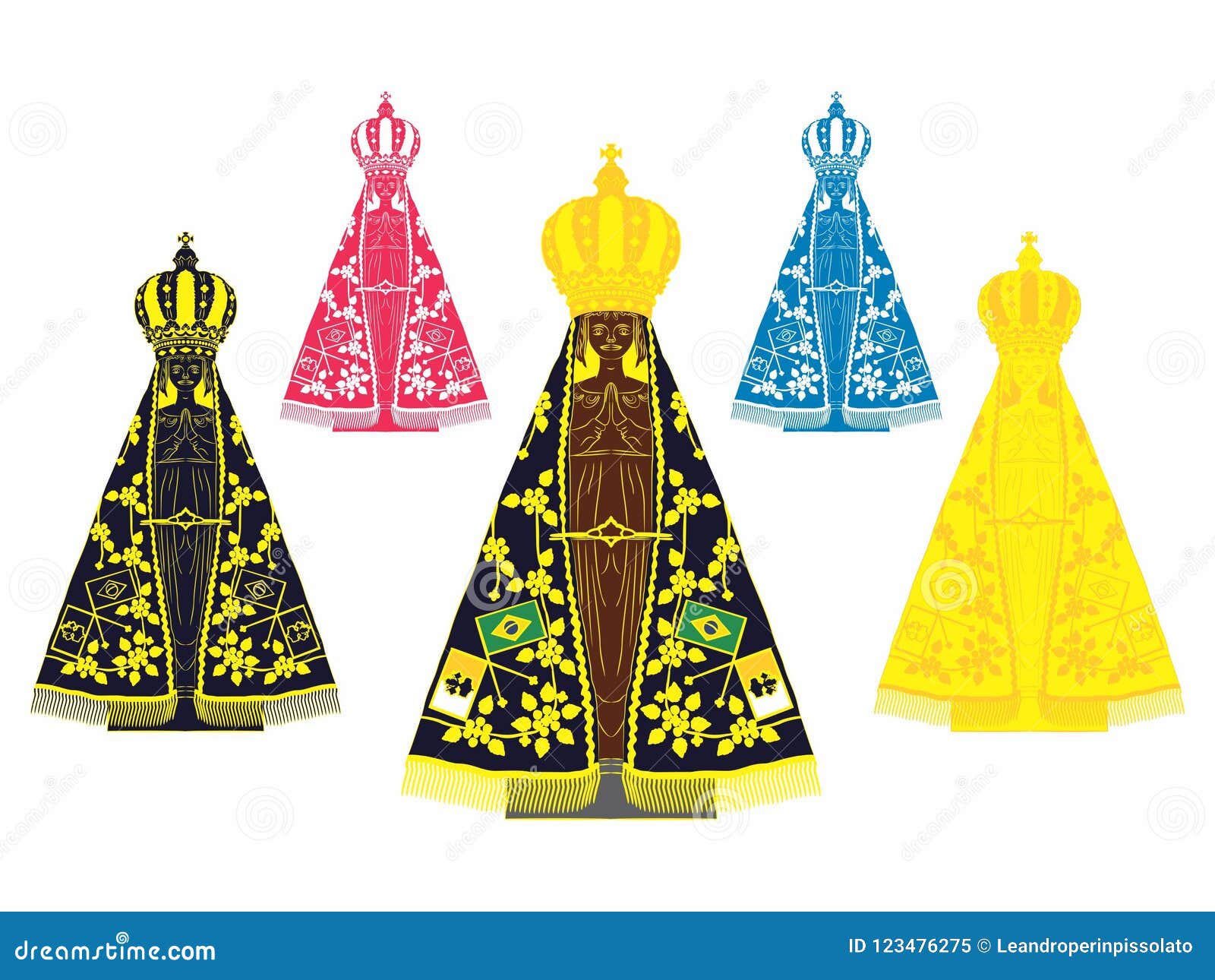 Our Lady Aparecida set with different colors Statue admired by Catholic Christians Christian symbol