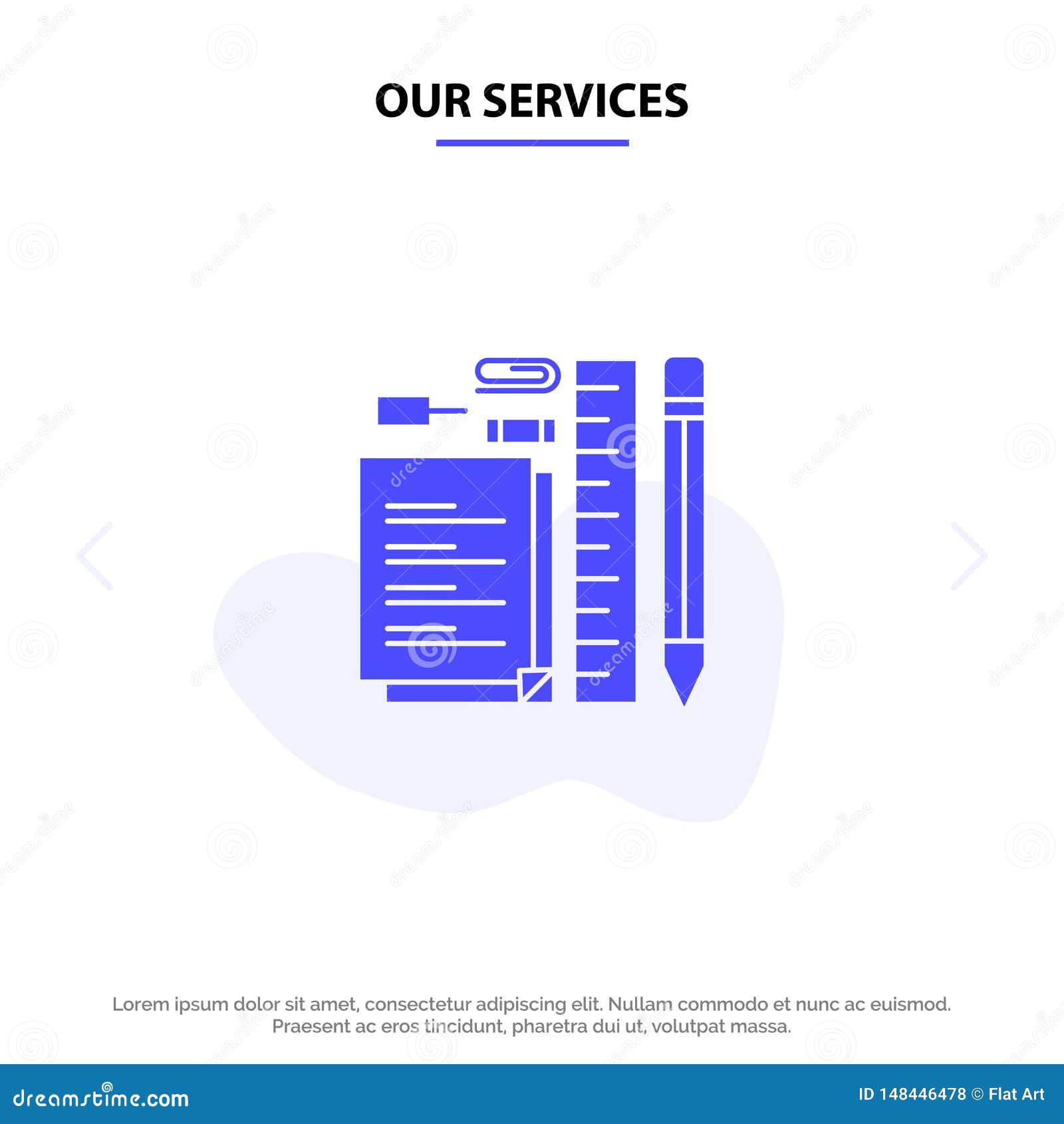 our services stationary, pencil, pen, notepad, pin solid glyph icon web card template