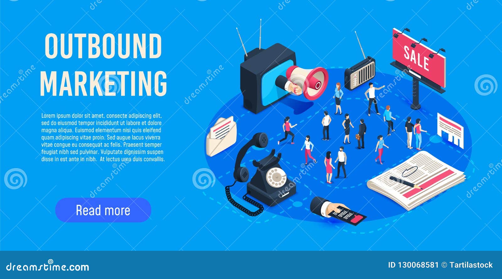 outbound marketing isometric. business market sales optimisation, corporate crm and social media ads communication