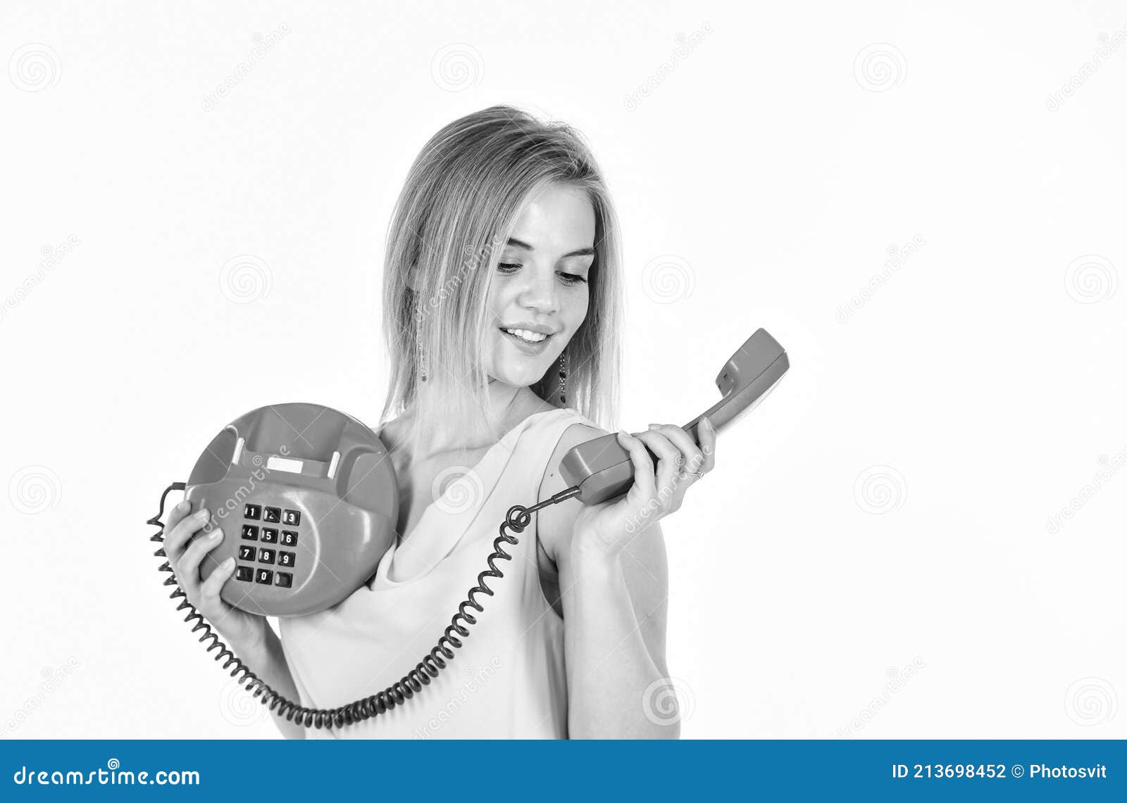 outdated gadgets. call business office. adorable woman interlocutor. interlocutor concept. playful interlocutor