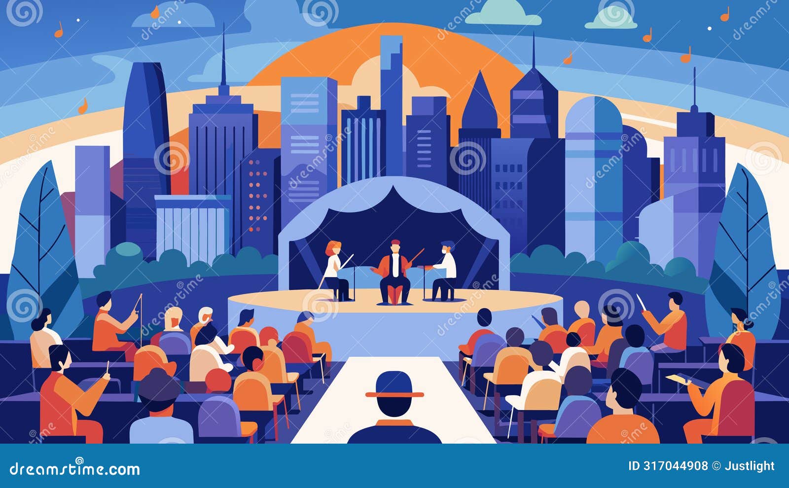 an outdoor amphitheater surrounded by skyscrs featuring a symphony orchestra playing classical pieces to an attentive