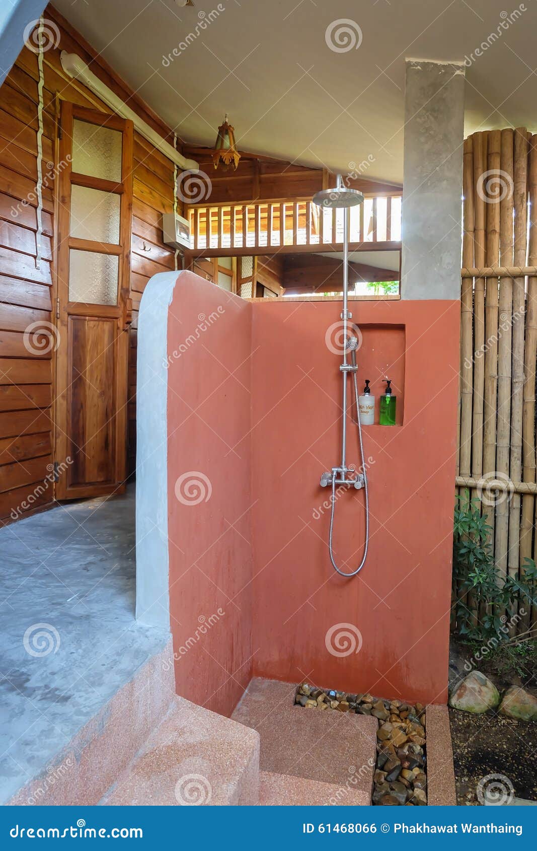 Outdoor bathroom with plant and wood. Decorate bathroom with wooden plant and rock feel nature