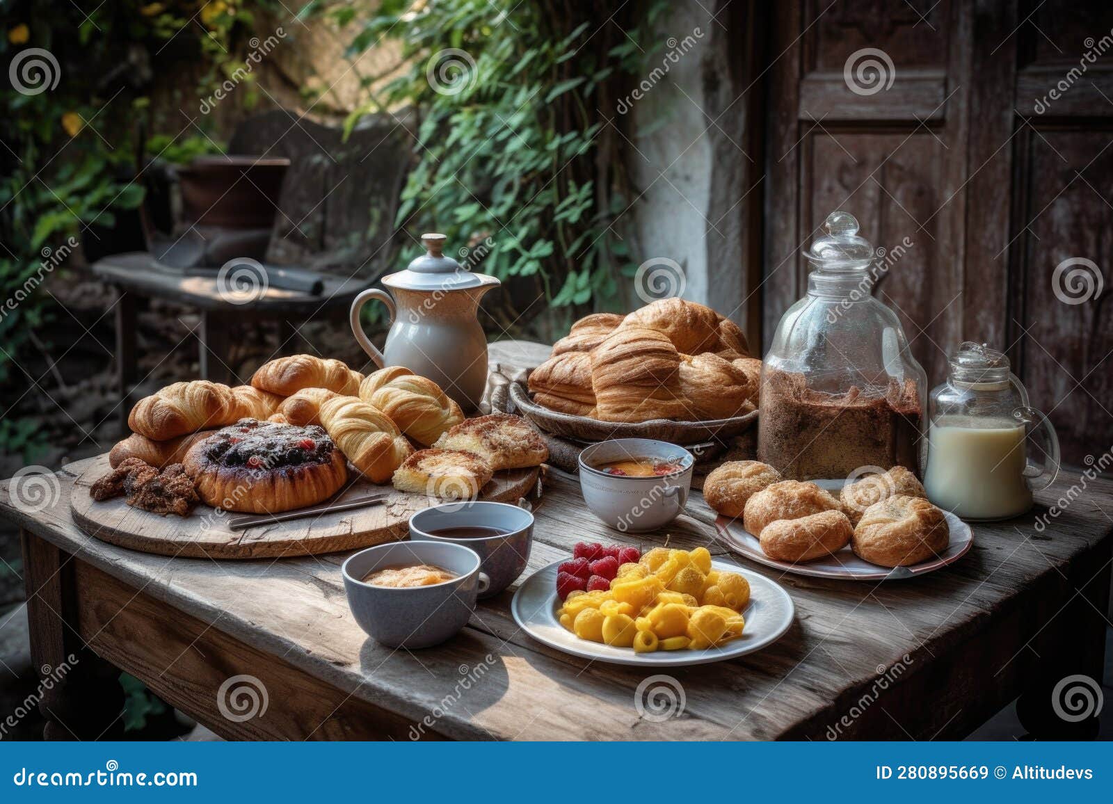 Outdoor Breakfast with Hot Coffee and Pastries Stock Image Image of breakfast, beverage 280895669