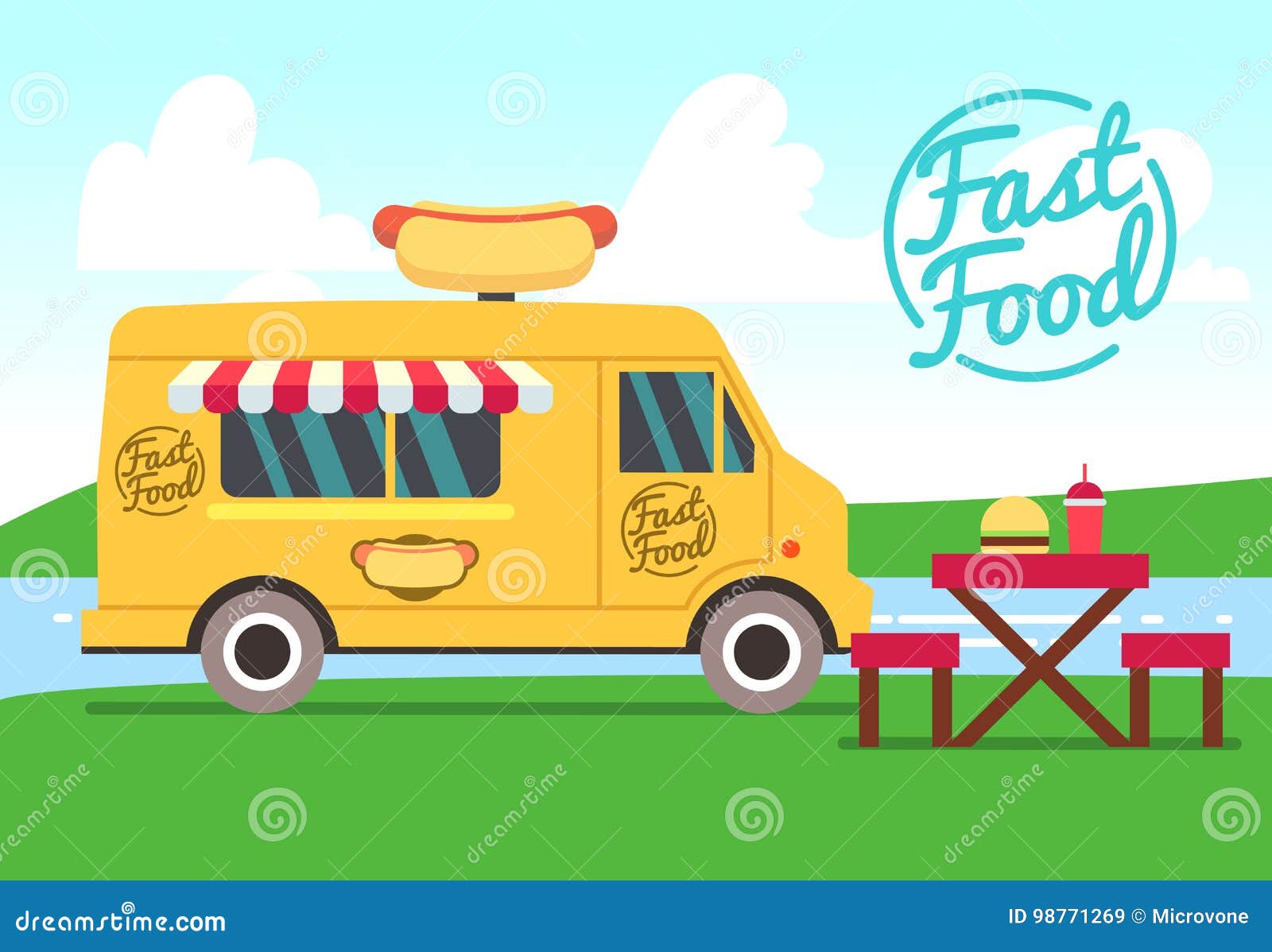 Outdoor Cafe With Food Truck And Tables Street Food Small