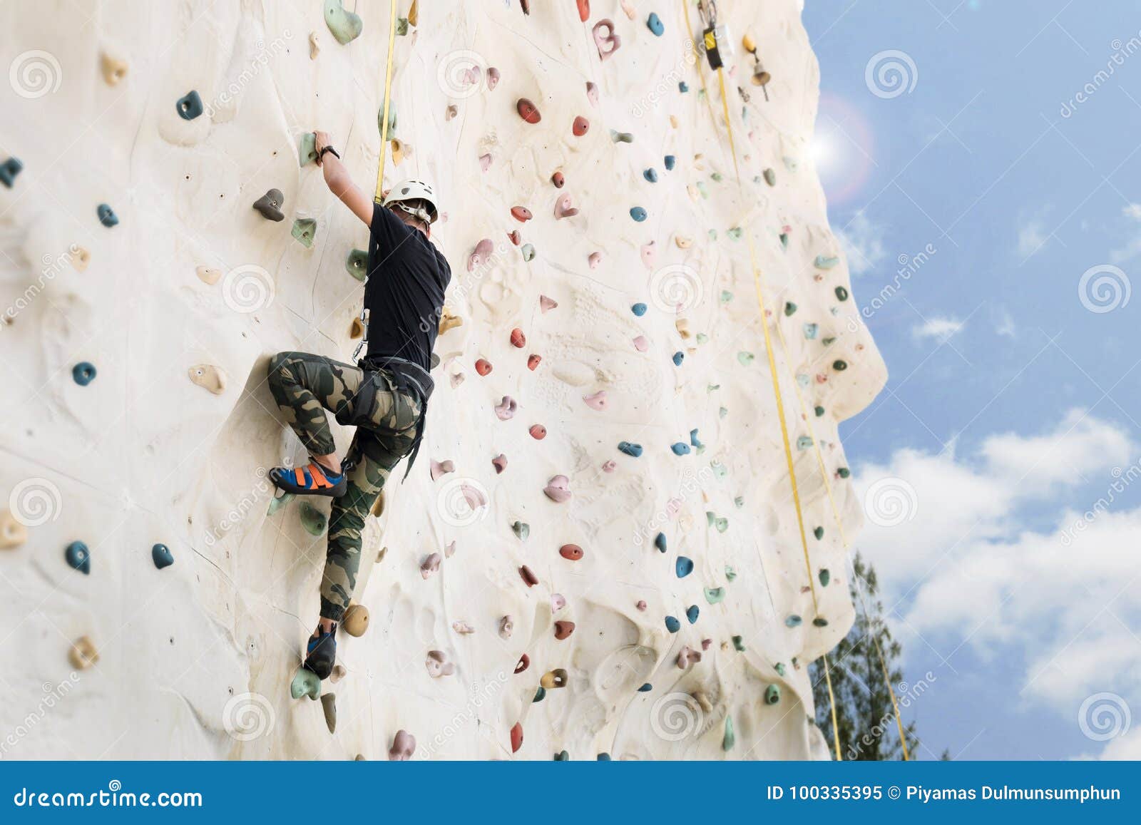 Outdoor Climbing Sport Activity Concept Man Climber on Wall Stock