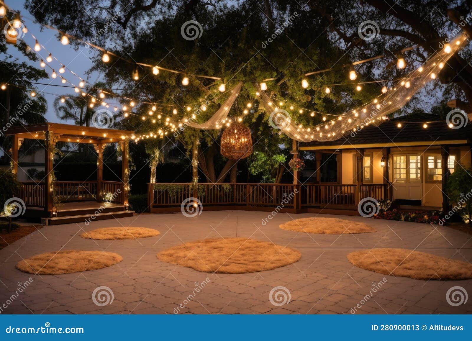 Outdoor Dance Floor Surrounded by Twinkling Lights and Lanterns Stock