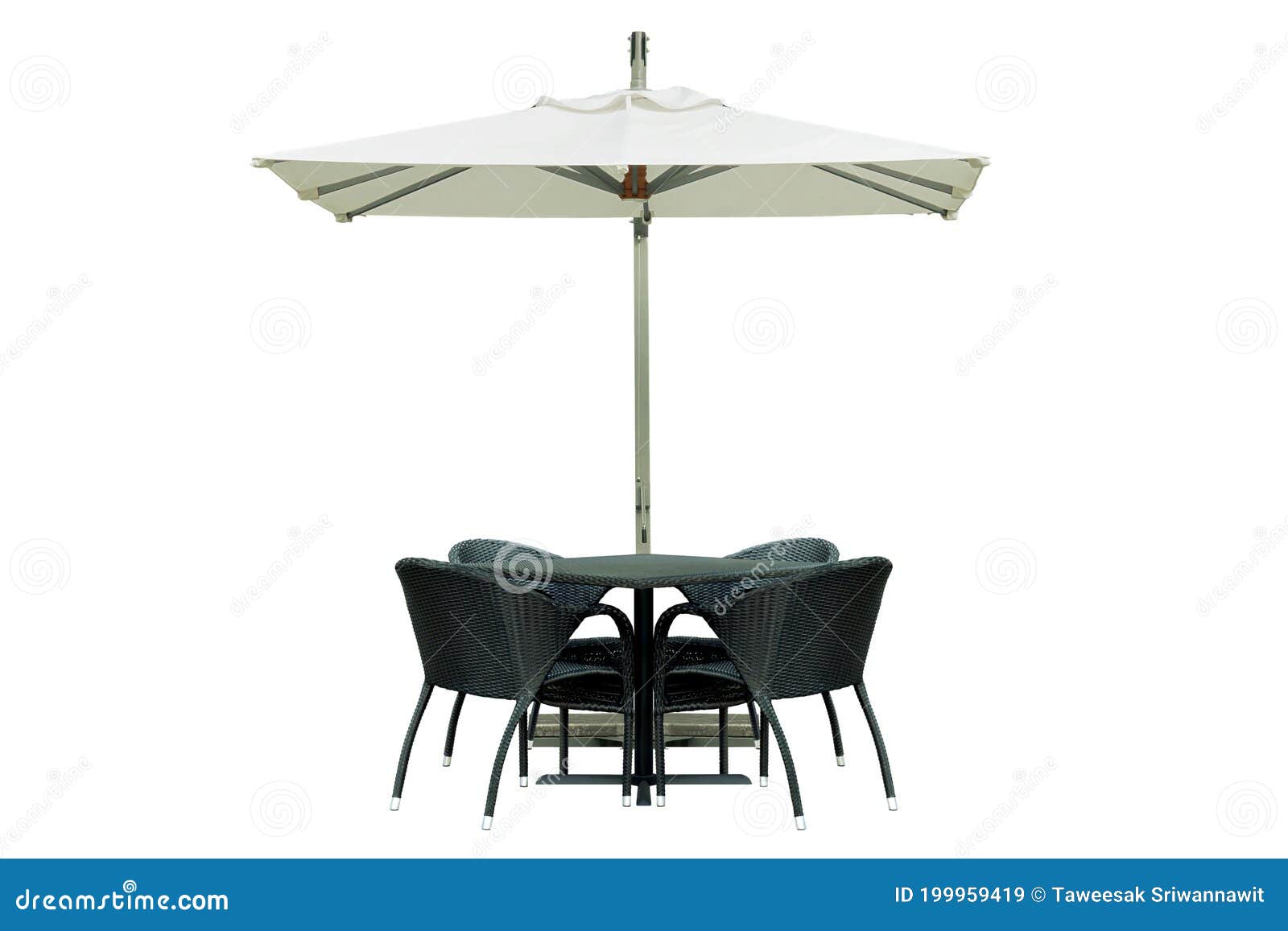 Outdoor Dining Table and Chairs with Square Umbrella Isolated on White