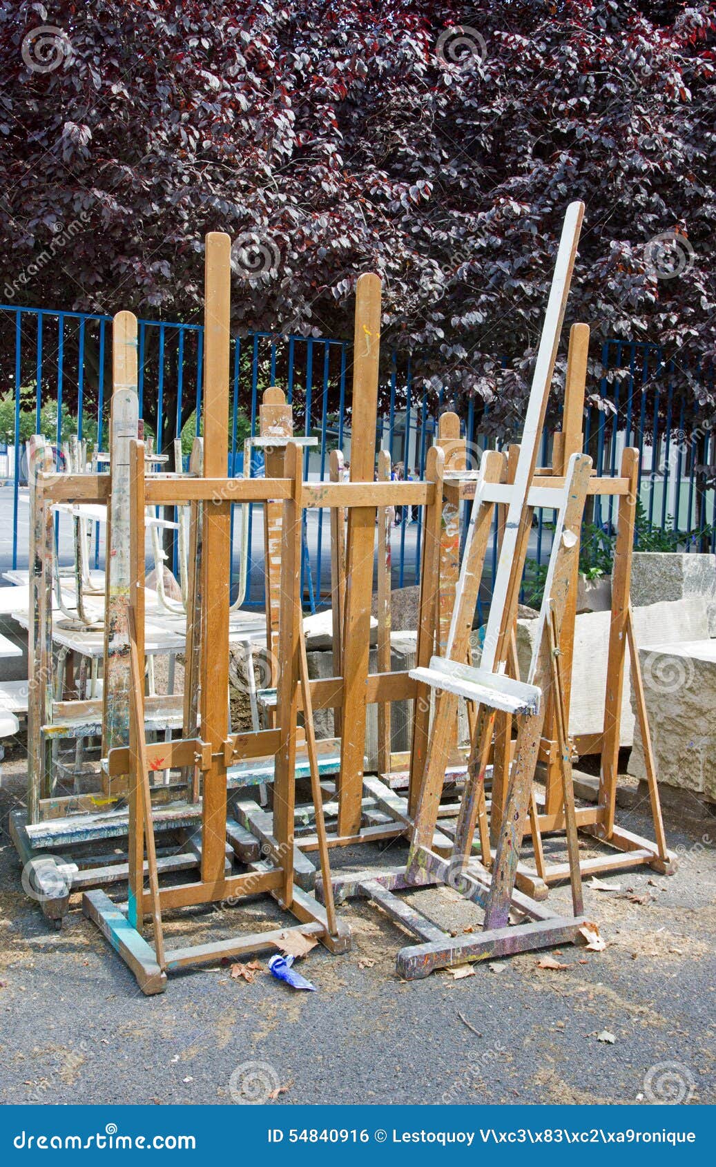 Outdoor easels, art school stock photo. Image of easel 54840916