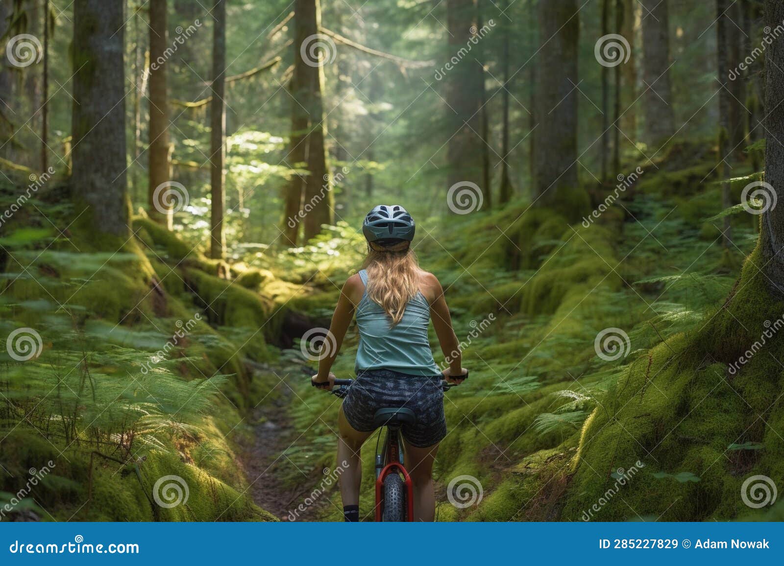 outdoor enthusiast: cyclist on forest road. generative ai