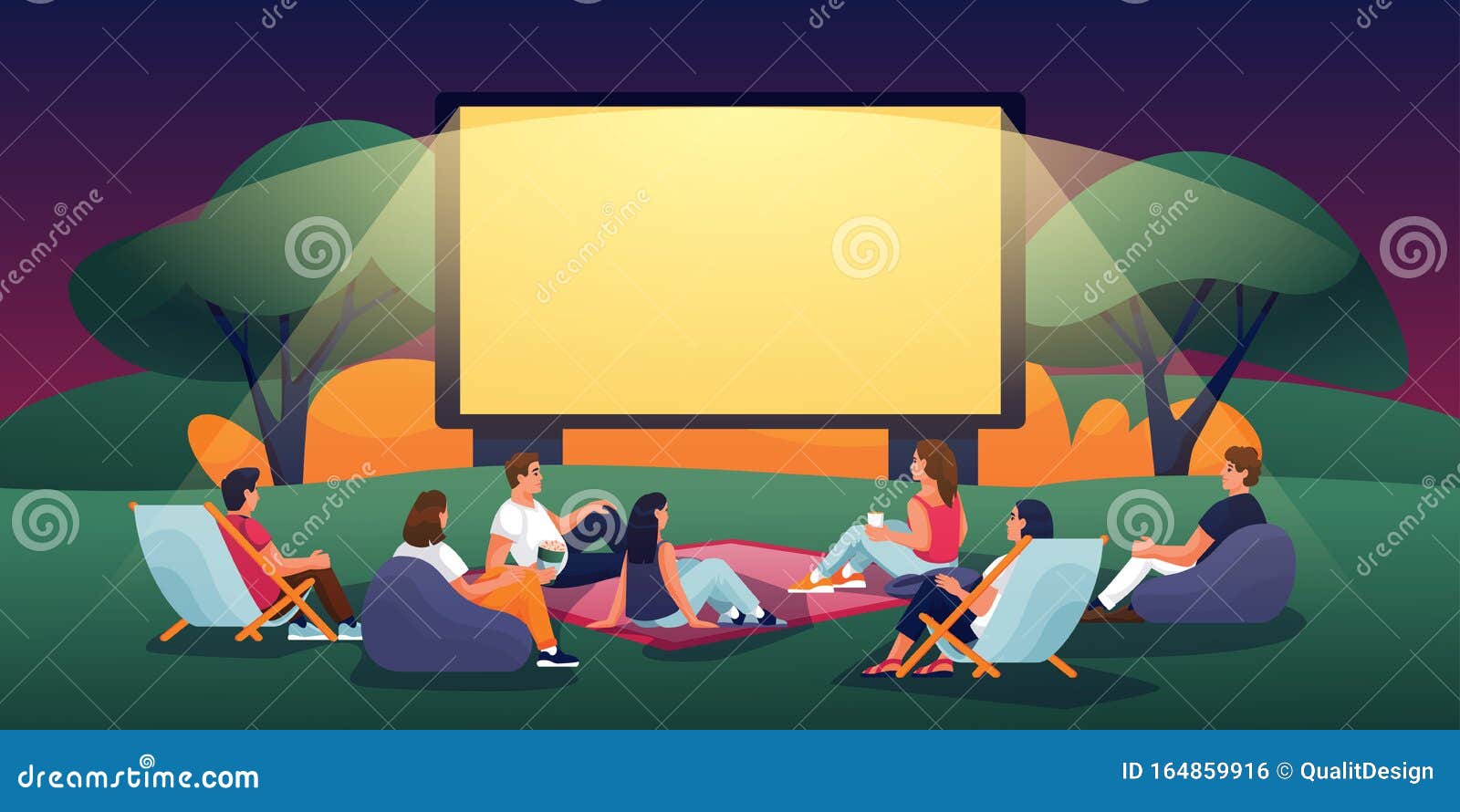 outdoor evening cinema in summer park.  flat cartoon . people watching movie in open-air cinema