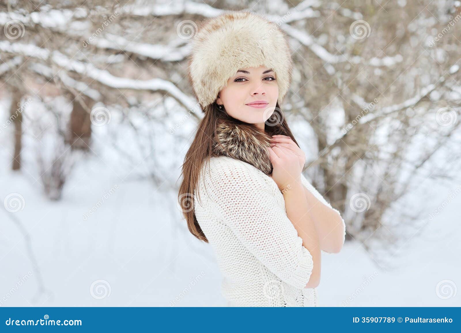 Outdoor Fashion Portrait of Pretty Young Girl in Winter Stock