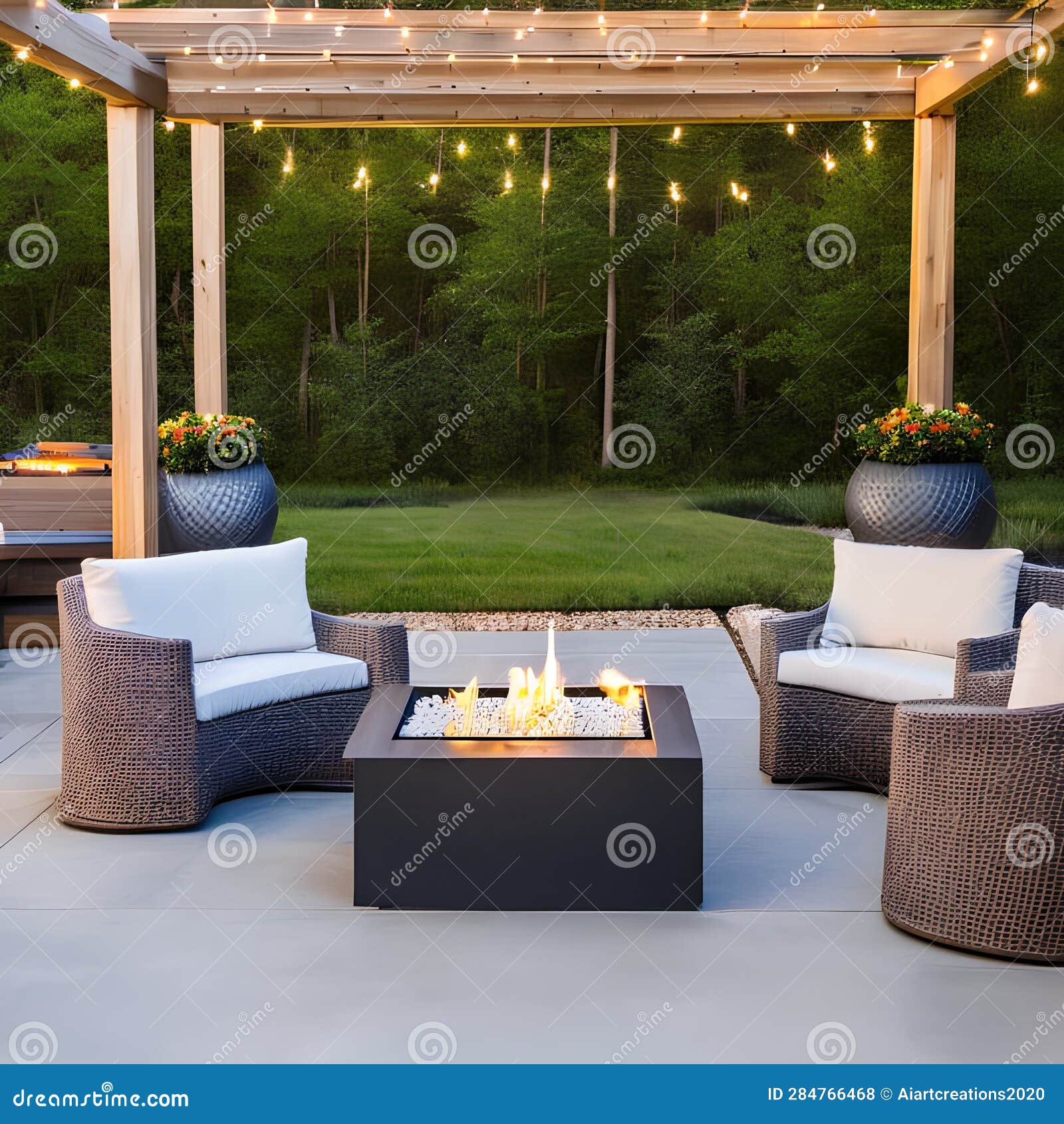 An Outdoor Fire Pit Lounge Area with Cozy Seating, String Lights, and
