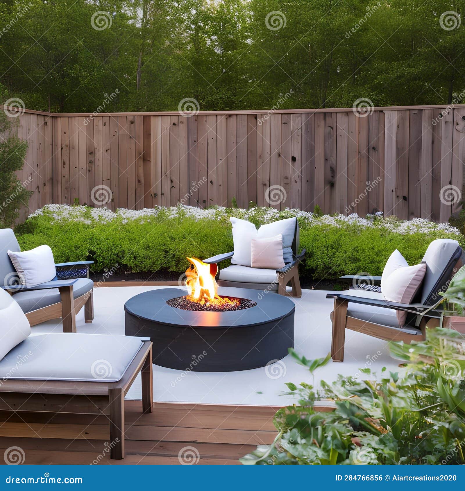 An Outdoor Fire Pit Lounge Area with Cozy Seating, String Lights, and