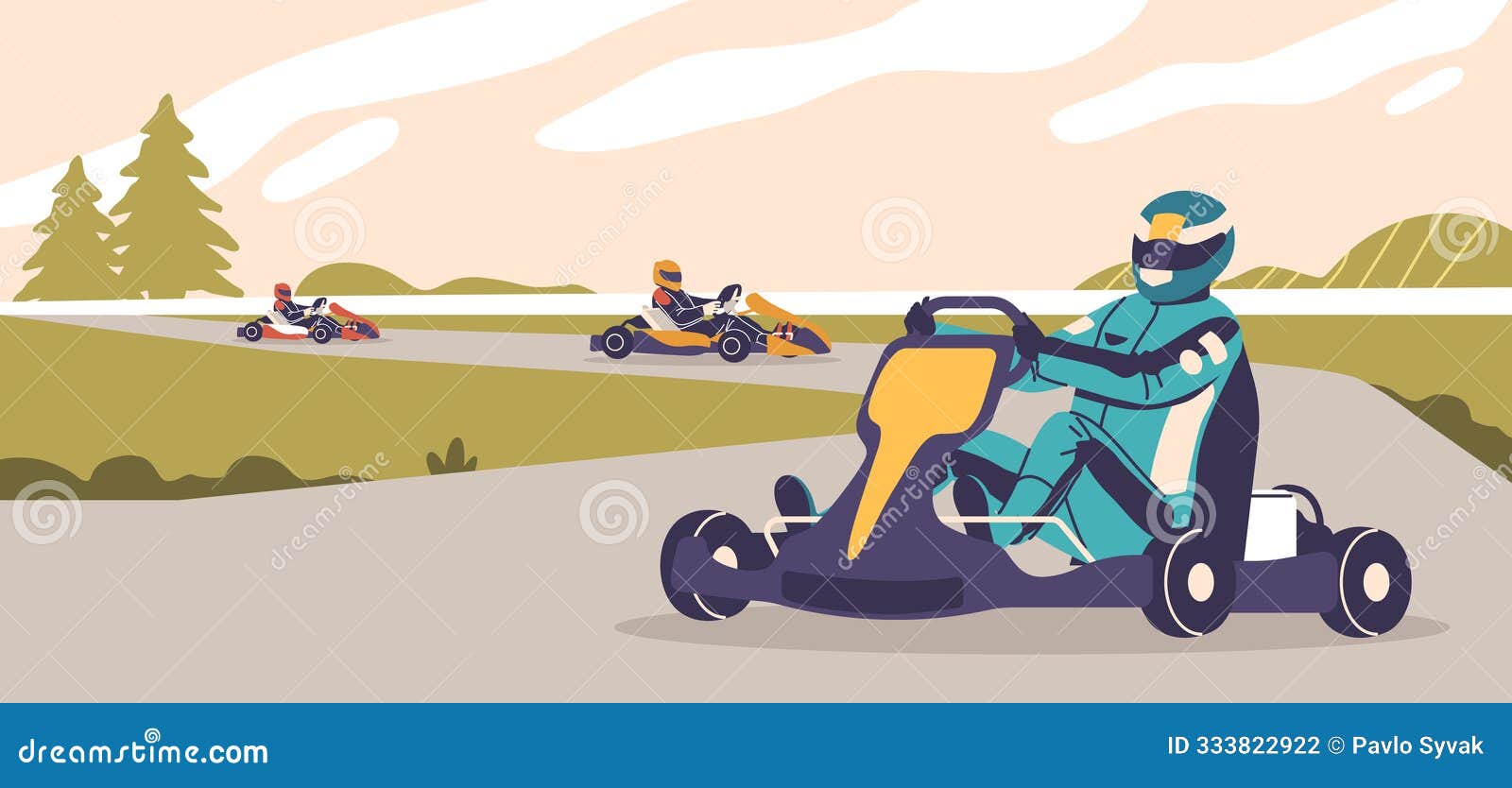 outdoor go-kart race with multiple karts speeding along scenic track, surrounded by trees and hills,  