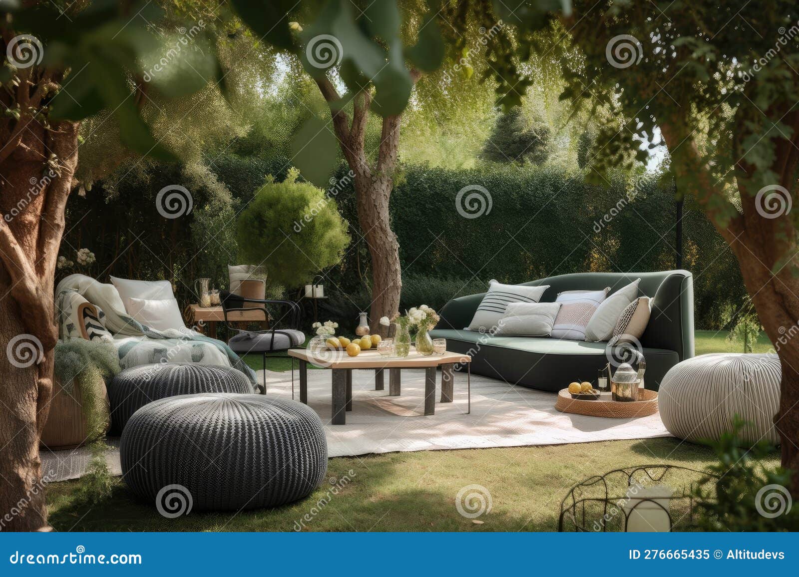 An Outdoor Lounge Area with Plush Seating and Cozy Throws, Surrounded
