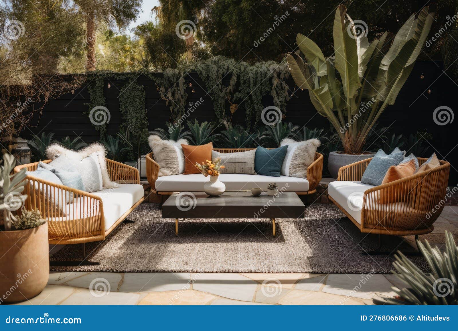 An Outdoor Lounge Area with Plush Seating and Cozy Throws, Surrounded