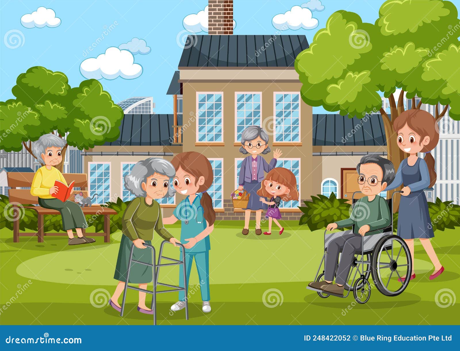 outdoor park with elderly people and caregivers