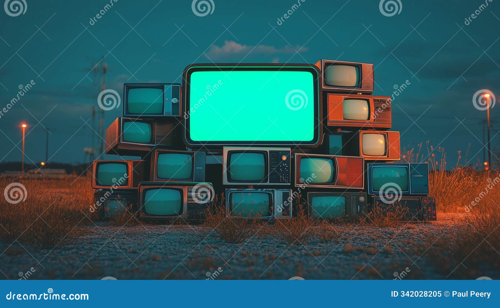 outdoor pile of vintage televisions with green screens in an abandoned field retro technology scene
