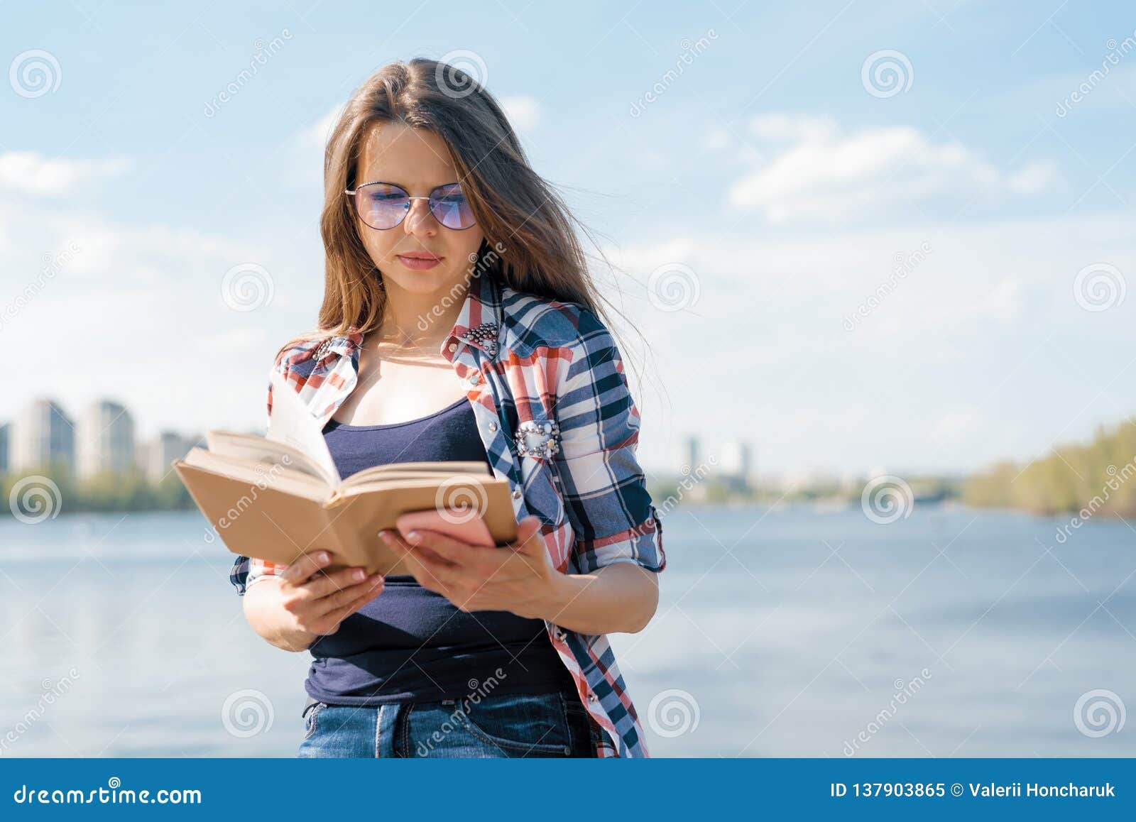 Outdoor Portrait Adult Woman Reading Book. Background Street, City ...