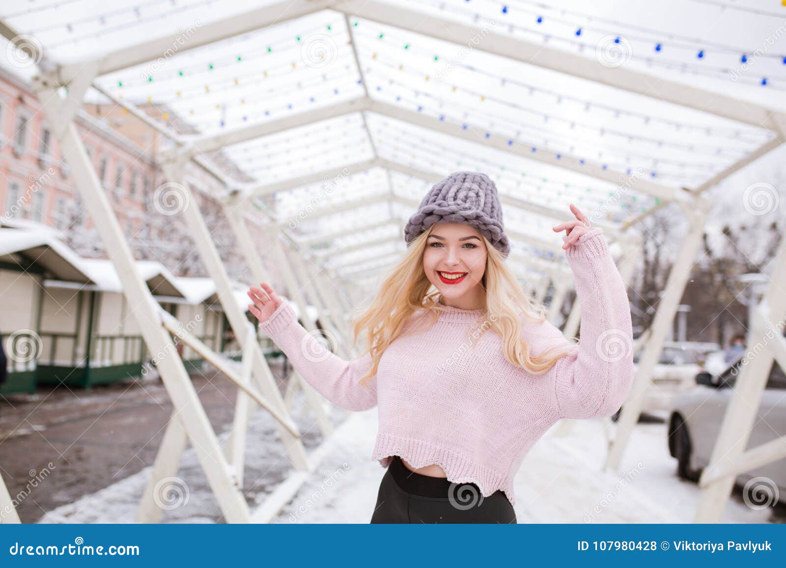 Outdoor Portrait of Cool Young Woman with Bright Makeup, Wearing Stock ...