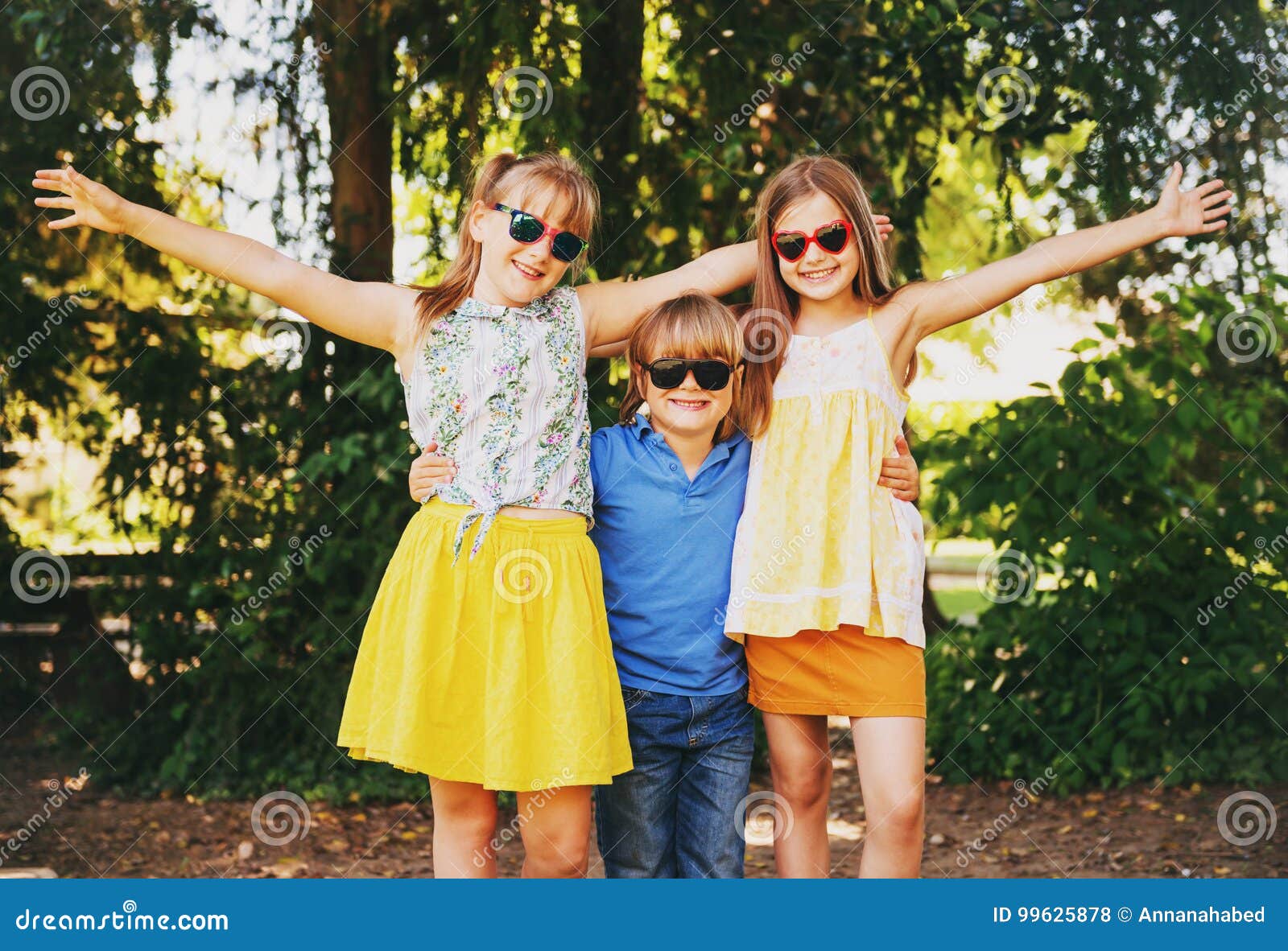 Outdoor Portrait of 3 Funny Kids Playing Together Stock Photo - Image of  nice, family: 99625878