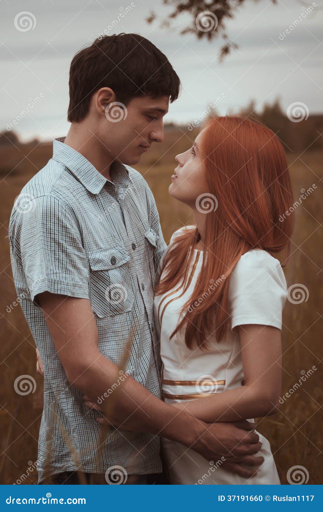 Outdoor Portrait of Young Couple Kissing in Summer Field Stock Photo ...
