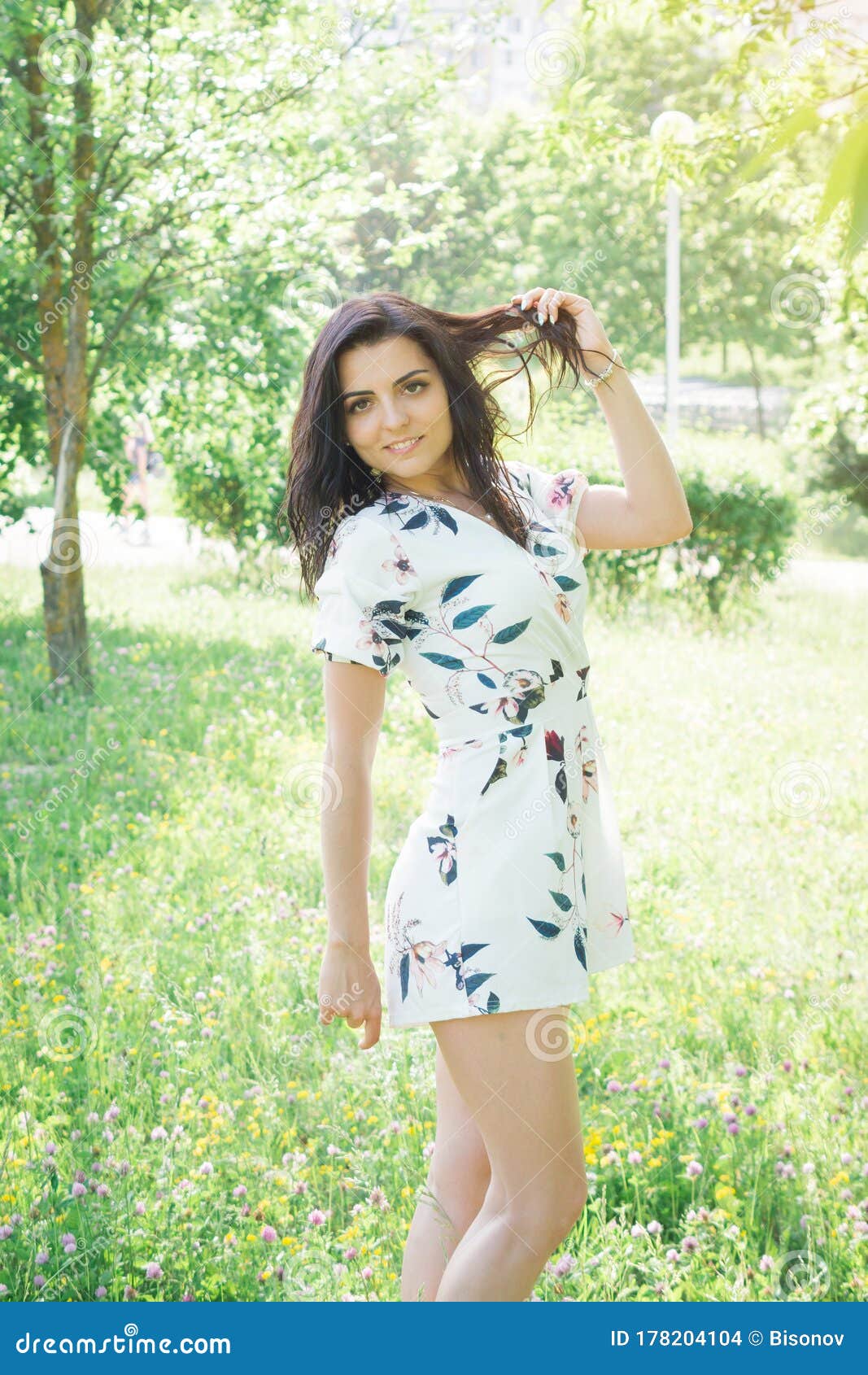 Outdoor Portrait Young Curly Hair Woman Arms Crossed Smiling Stock ...