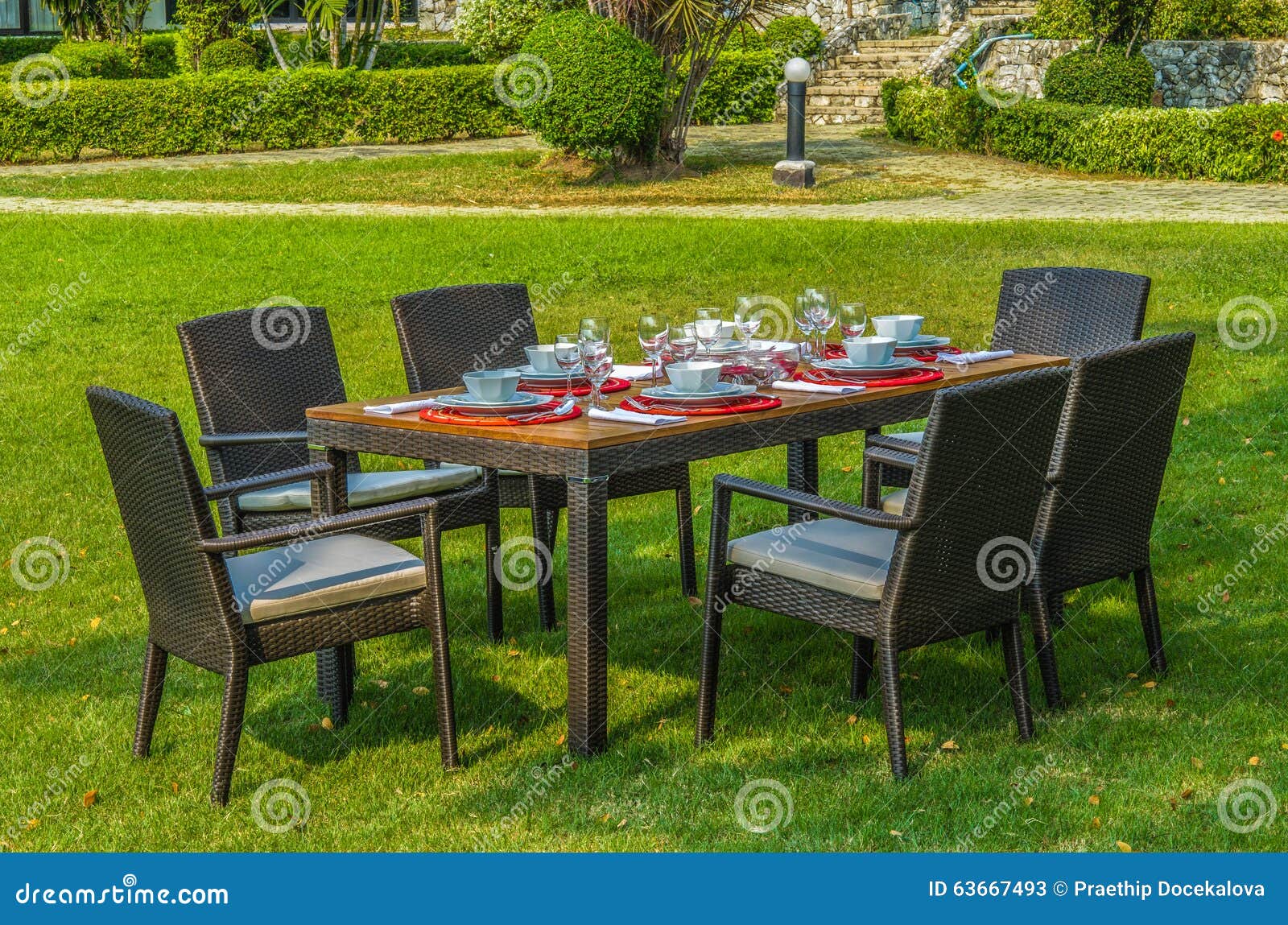 Outdoor Rattan Furniture, Table and Chairs Stock Image - Image of