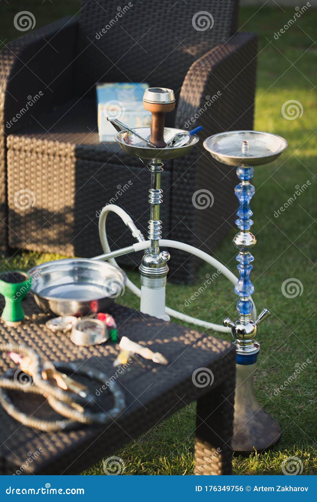 Outdoor Recreation with a Hookah and a Wicker Chair. Stock Photo