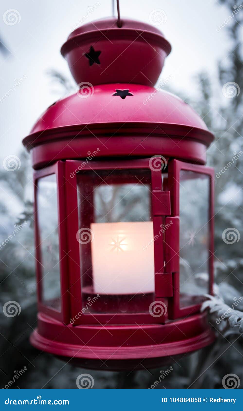Outdoor Red Christmas Lantern with Snow Covered Trees Stock Photo ...