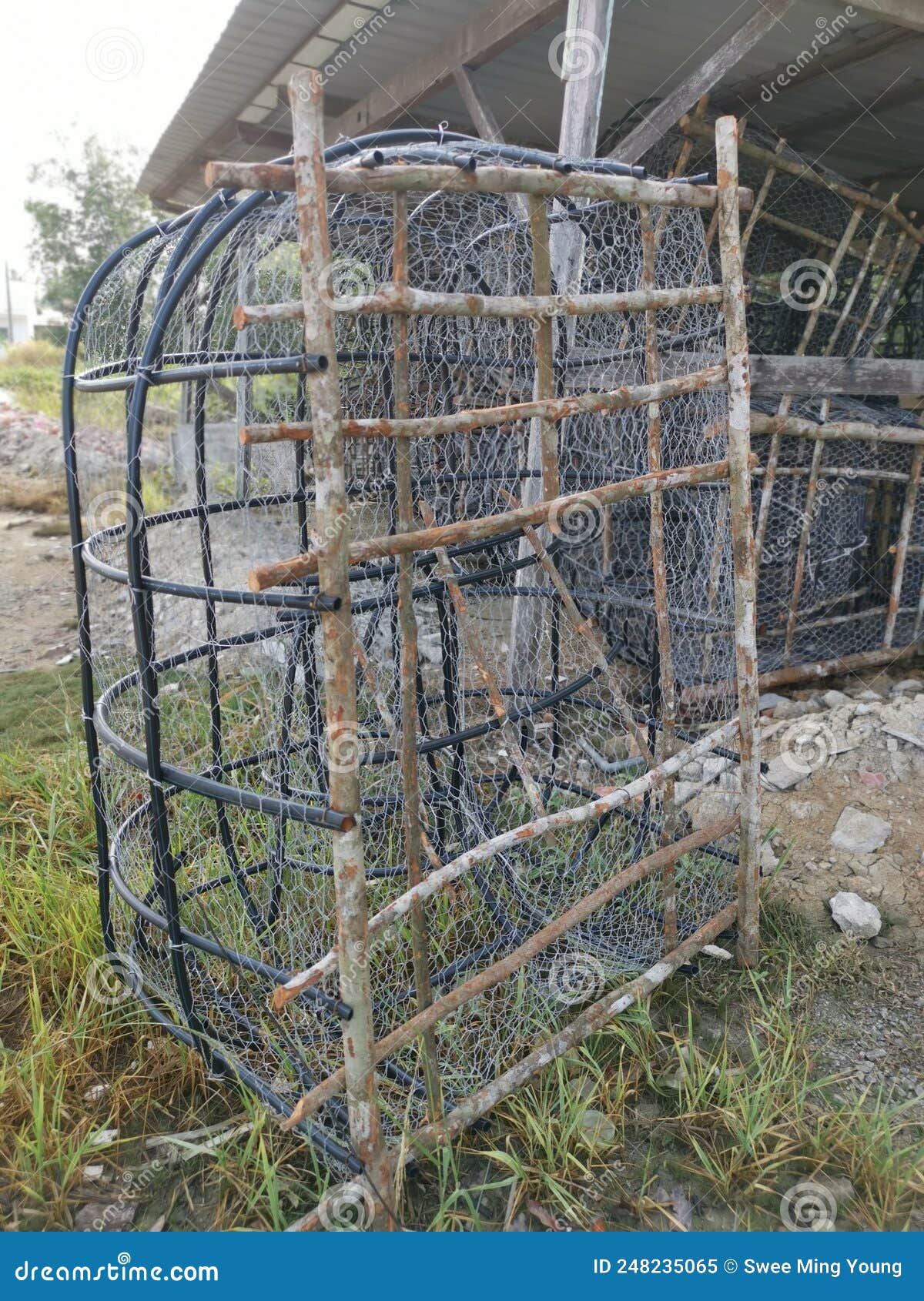 Outdoor Scene of the DIY Fish Trap Structure Make from Mangrove Wood,wire  and Polystyrene Pipe. Stock Image - Image of fishing, garage: 248235065