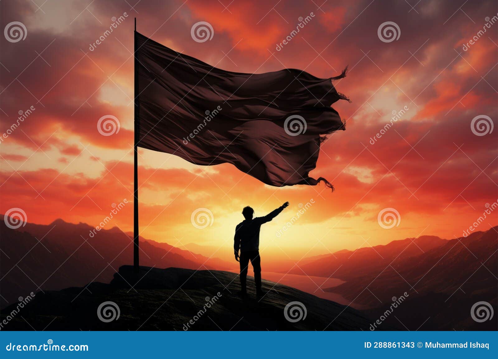 in outdoor serenity, a man holds a flag at mountains summit
