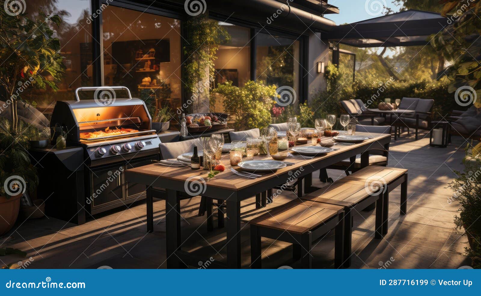 Outdoor Summer Kitchen with Long Barbecue and Table. Generative AI