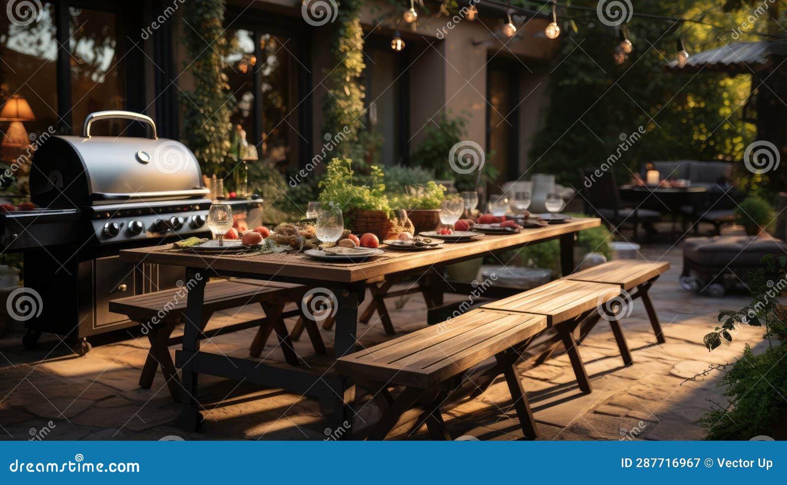 Outdoor Summer Kitchen with Long Barbecue and Table. Generative AI