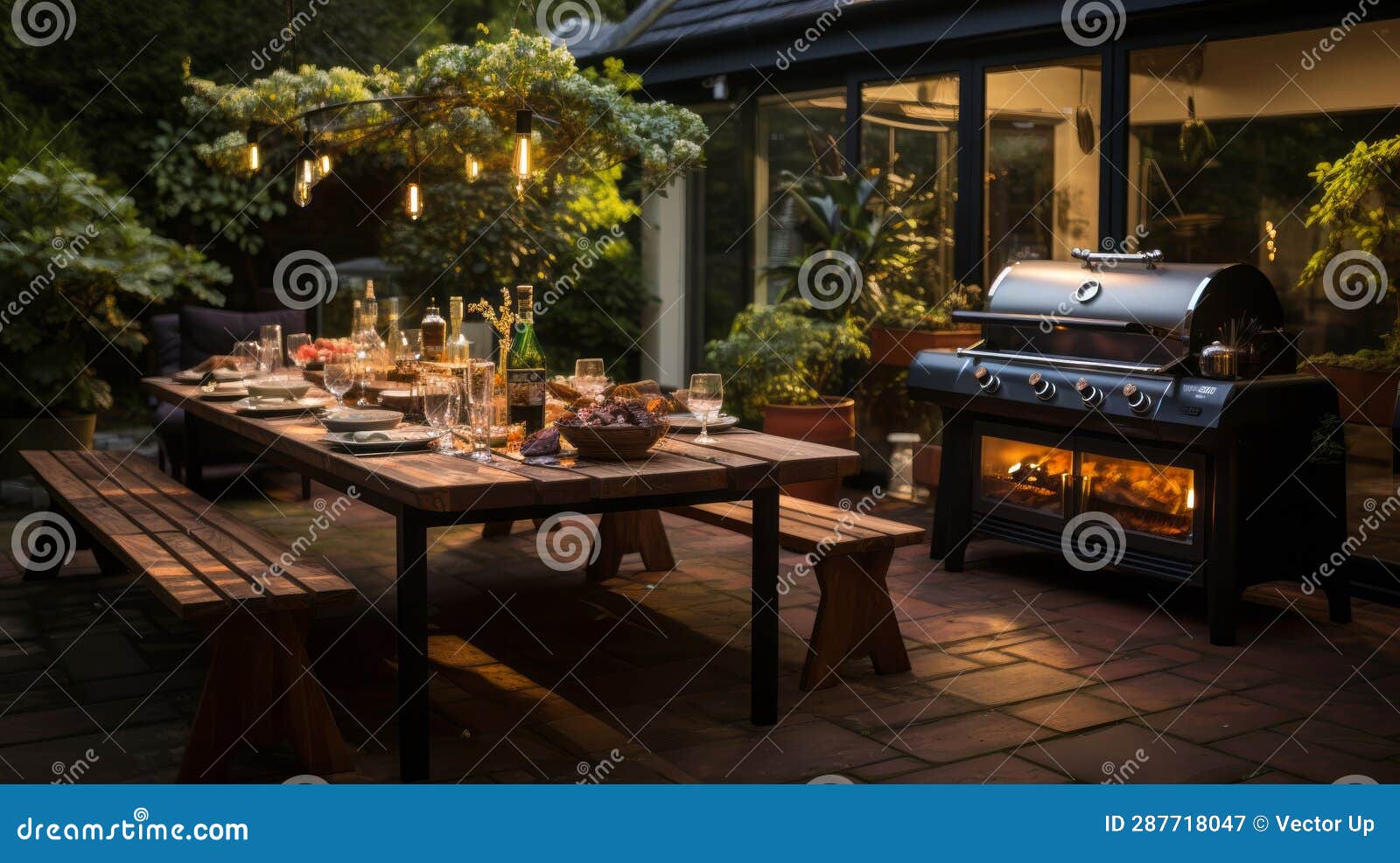 Outdoor Summer Kitchen with Long Barbecue and Table. Generative AI