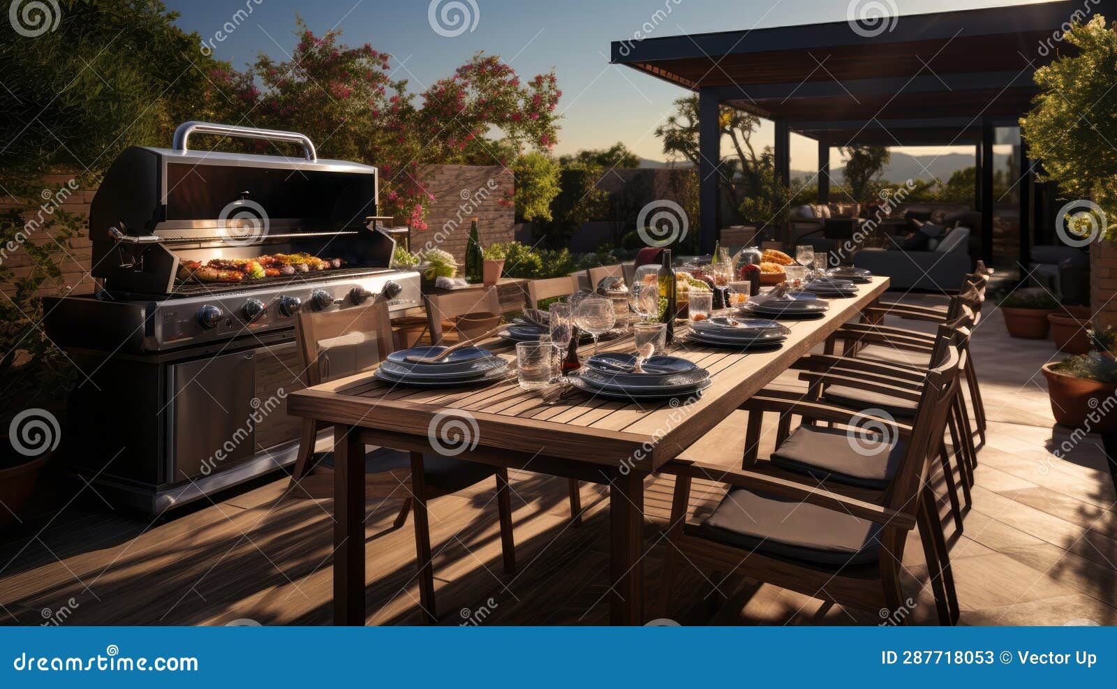 Outdoor Summer Kitchen with Long Barbecue and Table. Generative AI