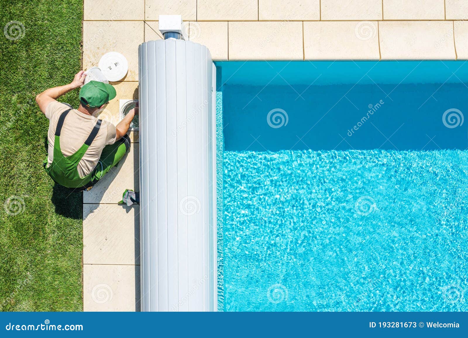 outdoor swimming pool skimmer filter cleaning aerial view