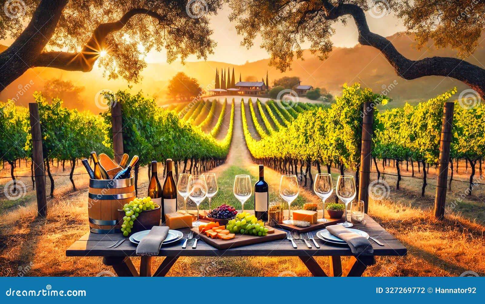 outdoor table set for wine tasting in a vineyard at sunset